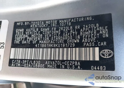 2019 Toyota Camry Xse z USA, uszkodzony, nr VIN 4T1B61HK8KU181729